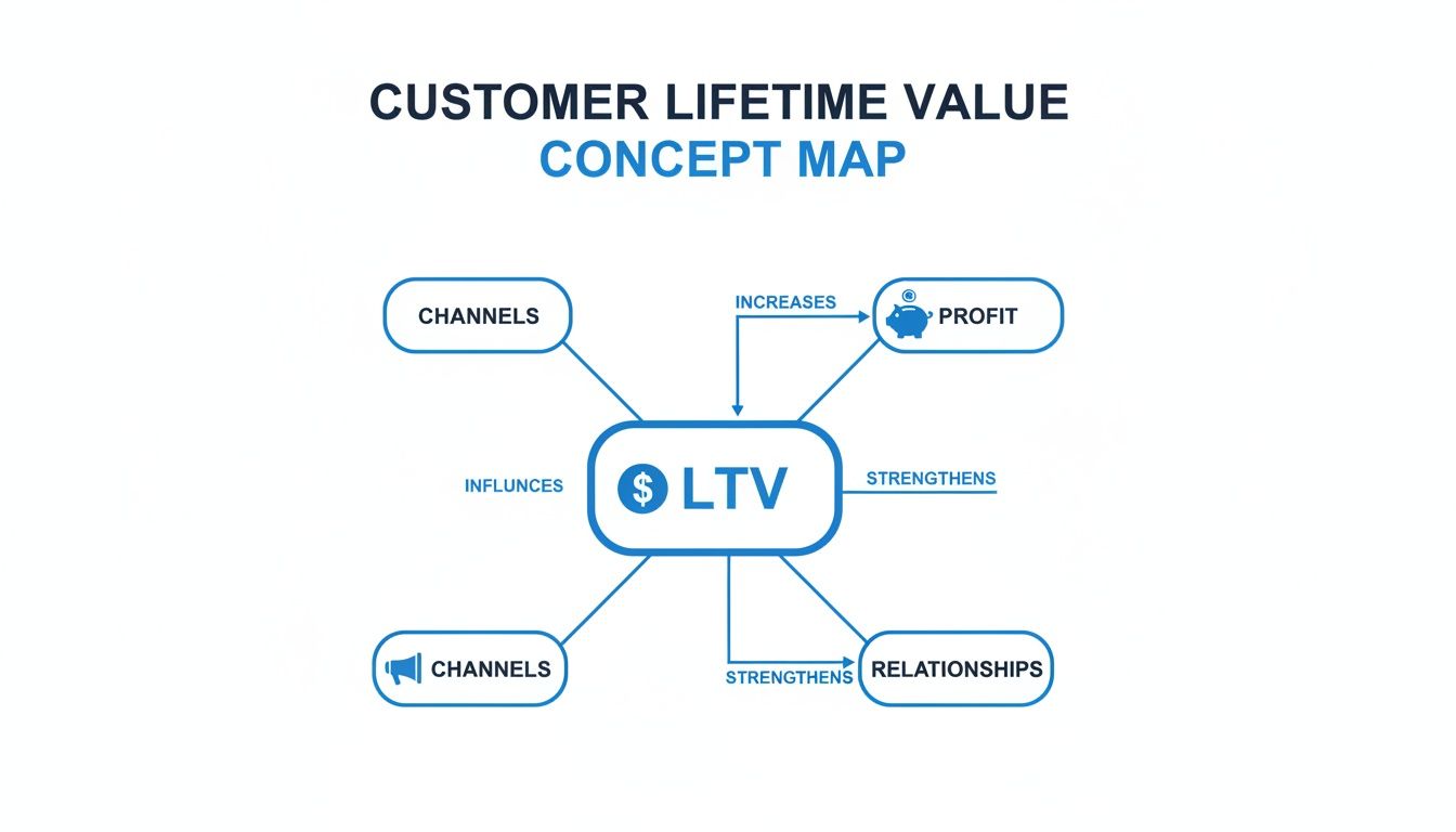 Concept map illustrating Customer Lifetime Value (LTV) influencing channels, increasing profit, and strengthening relationships.