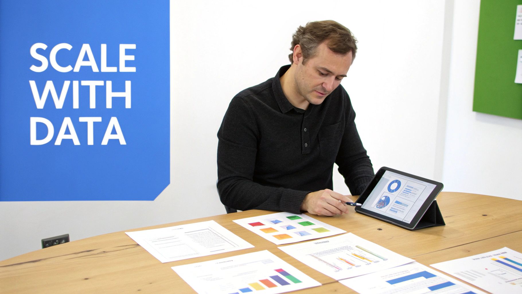 Professional man analyzing product profitability data on a tablet and printed charts in an office.