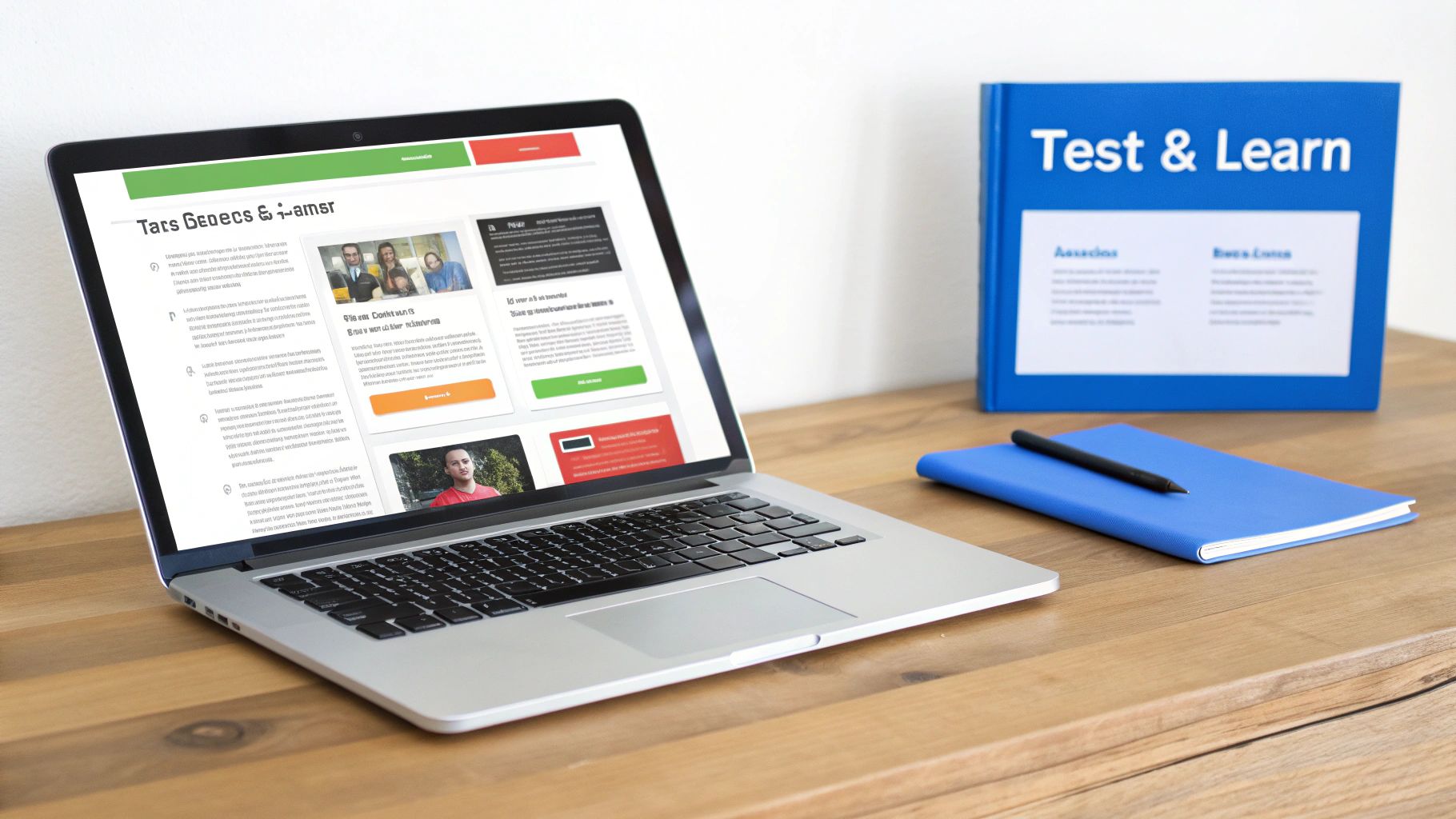 A laptop displaying a website, a 'Test & Learn' binder, and a notebook with a pen on a wooden desk.