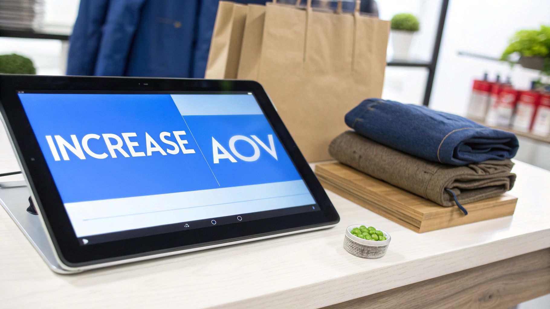 Tablet screen displays 'INCREASE AOV' in a retail setting with folded clothing, shopping bags, and a small bowl of green peas.