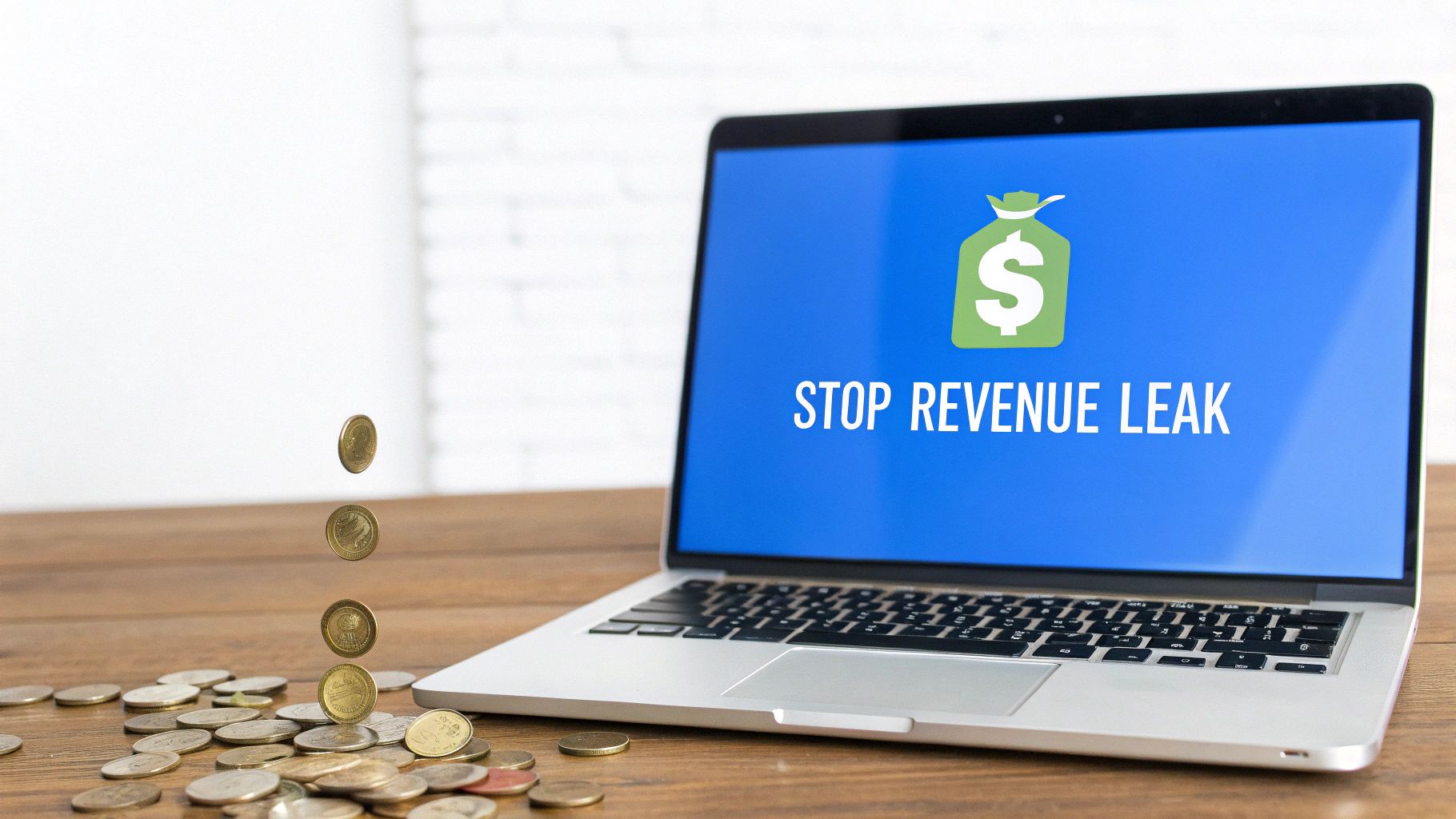 A laptop screen displays 'STOP REVENUE LEAK' with a money bag icon, while coins fall onto a wooden desk.