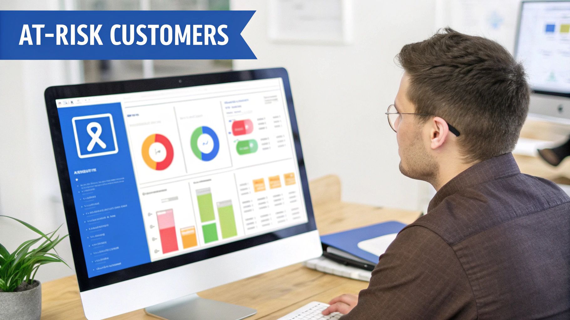 A person reviewing customer churn data and analytics on a desktop computer screen, identifying at-risk customers.