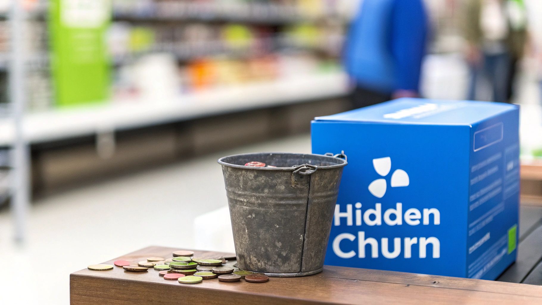 An old metal bucket surrounded by colorful coins on a wooden table, next to a blue "Hidden Churn" box.