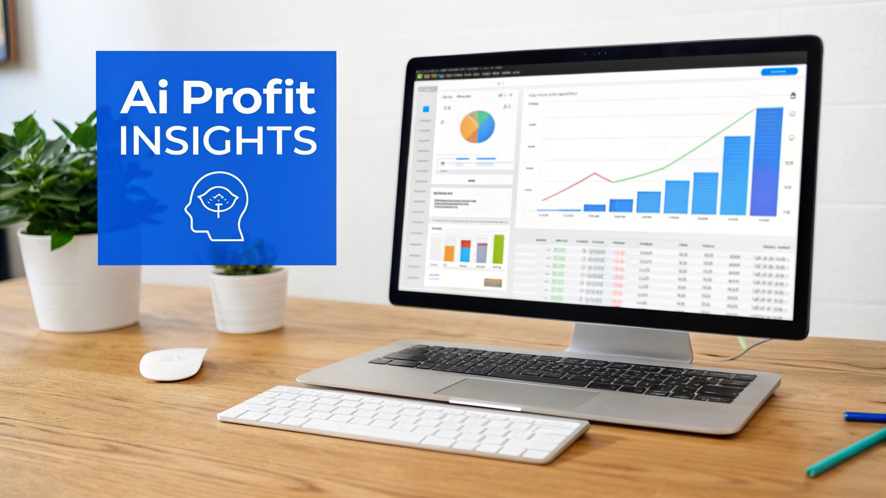 A modern desk setup with a computer showing business analytics and an 'Ai Profit INSIGHTS' banner.