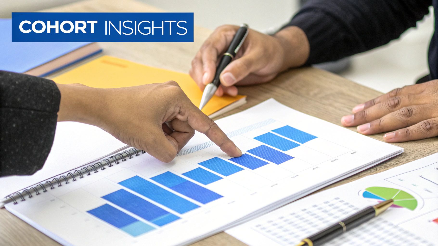 Business professionals collaborating and pointing at a bar chart during a data analysis meeting.
