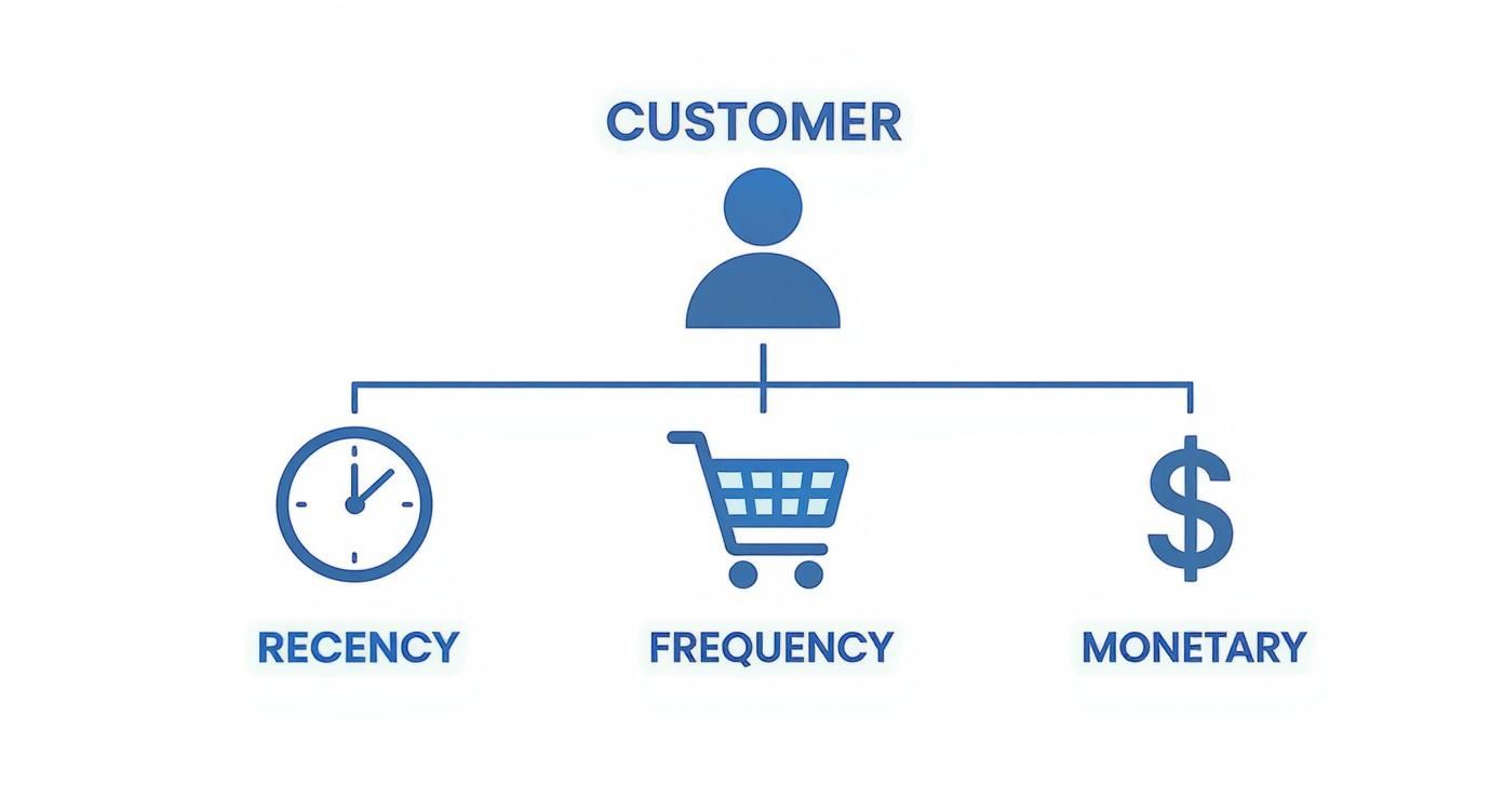 RFM customer segmentation model diagram showing recency, frequency, and monetary value analysis framework