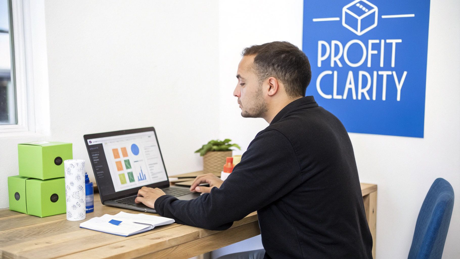 A man focused on a laptop displaying business charts and data, with a 'Profit Clarity' sign in the background.