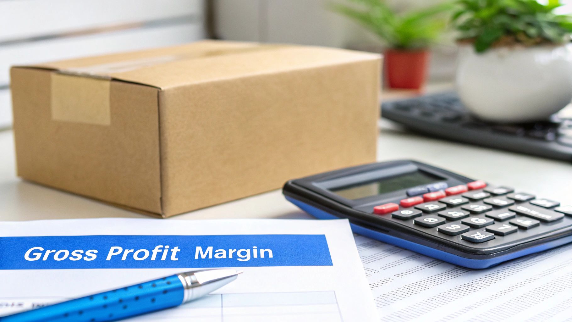 Desk setup with Gross Profit Margin document, calculator, pen, and a cardboard box.