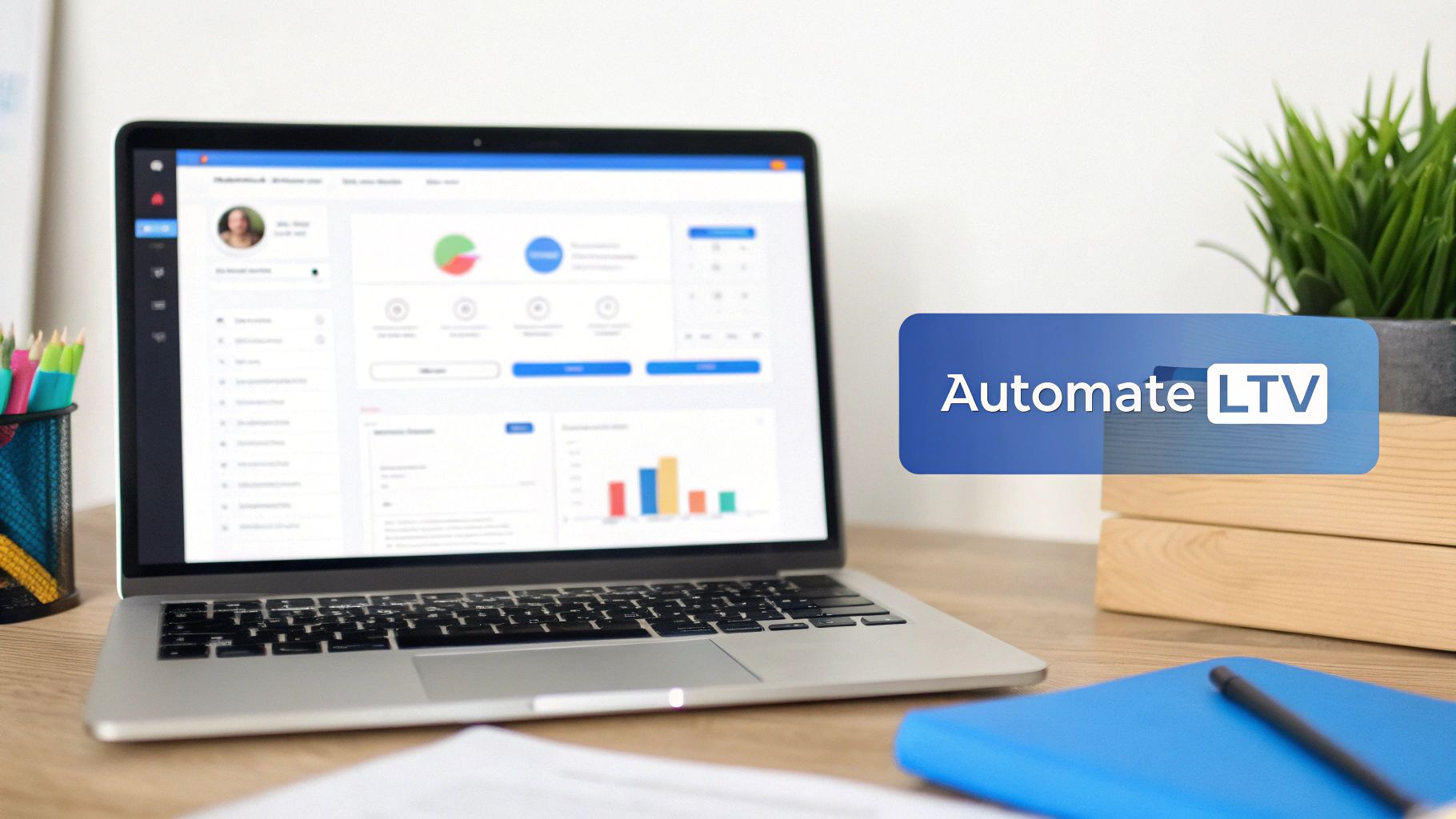 Laptop displaying a data analytics dashboard with charts, a blue notebook, and a message 'Automate LTV'.