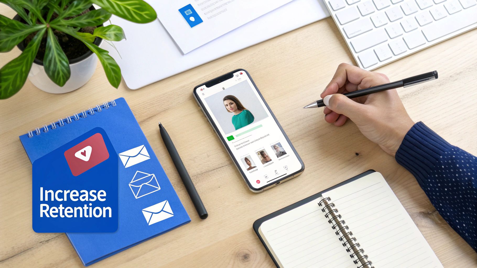Overhead desk view with a smartphone displaying a profile, a notebook promoting 'Increase Retention', and a person writing.