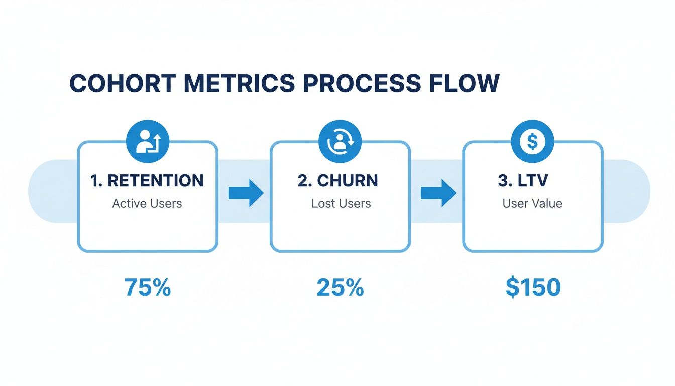 A flow chart illustrating the Cohort Metrics Process Flow with Retention (75%), Churn (25%), and LTV ($150).