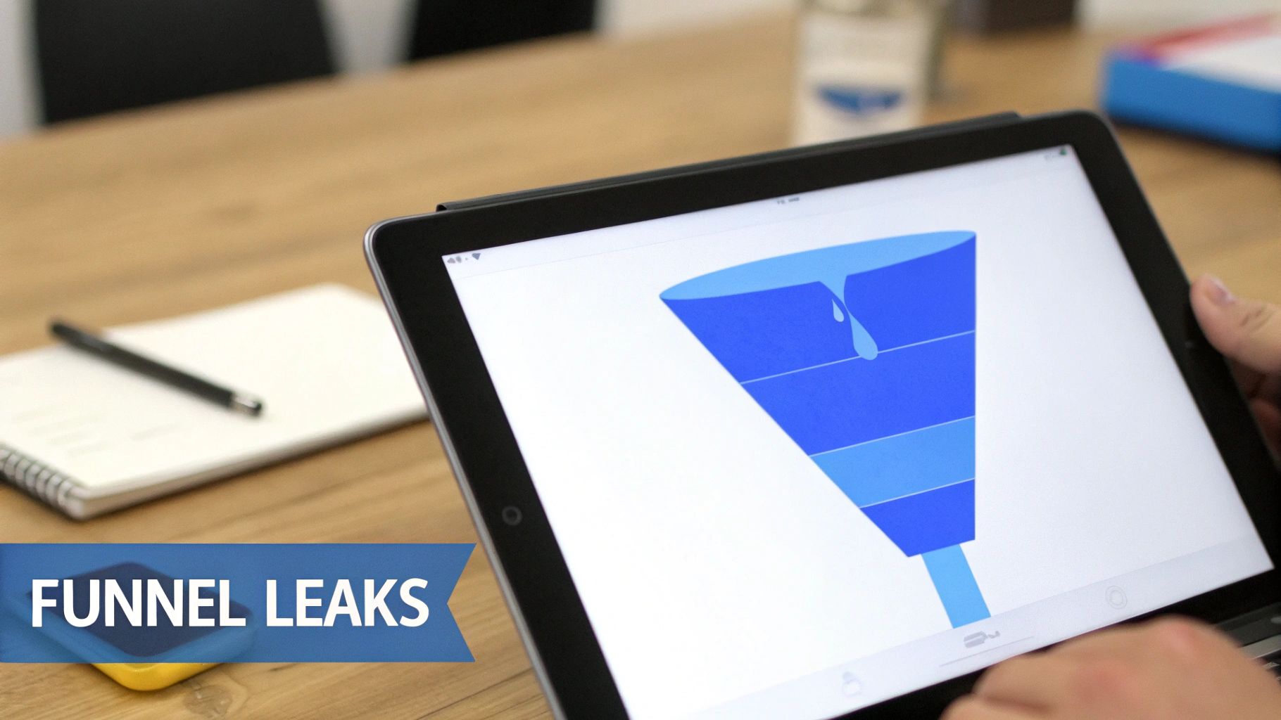 A tablet displays a blue funnel illustration with a water leak, labeled 'FUNNEL LEAKS', on a wooden desk.