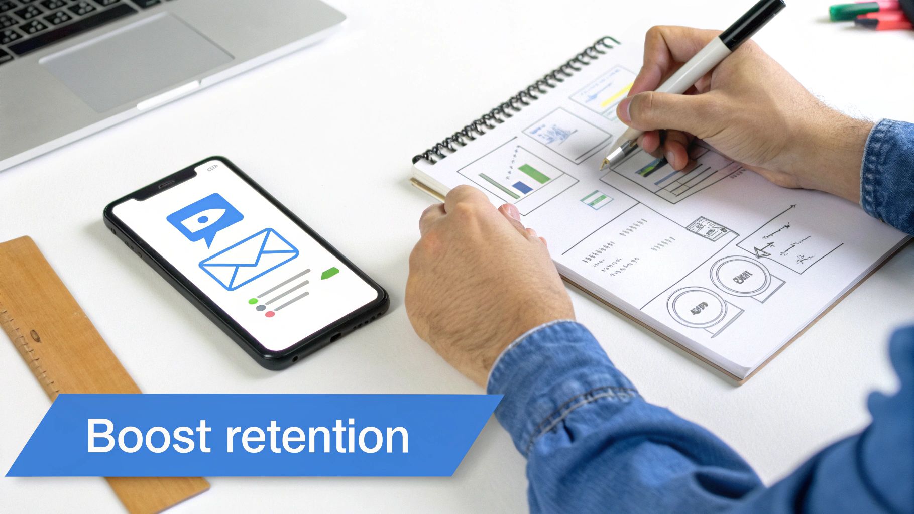 Hands sketching business strategies and email marketing concepts in a notebook, with a smartphone.