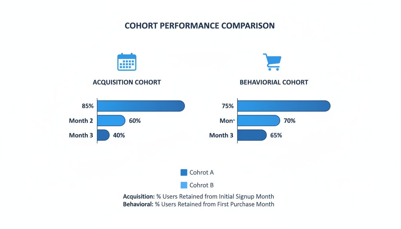 Cohort performance comparison showing user retention rates for acquisition and behavioral cohorts over months.