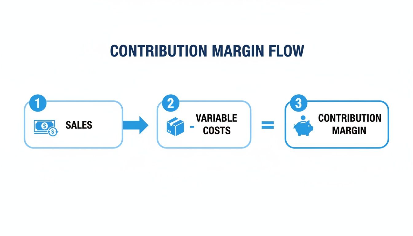 Flow diagram illustrating contribution margin calculation: Sales (1) minus Variable Costs (2) equals Contribution Margin (3).