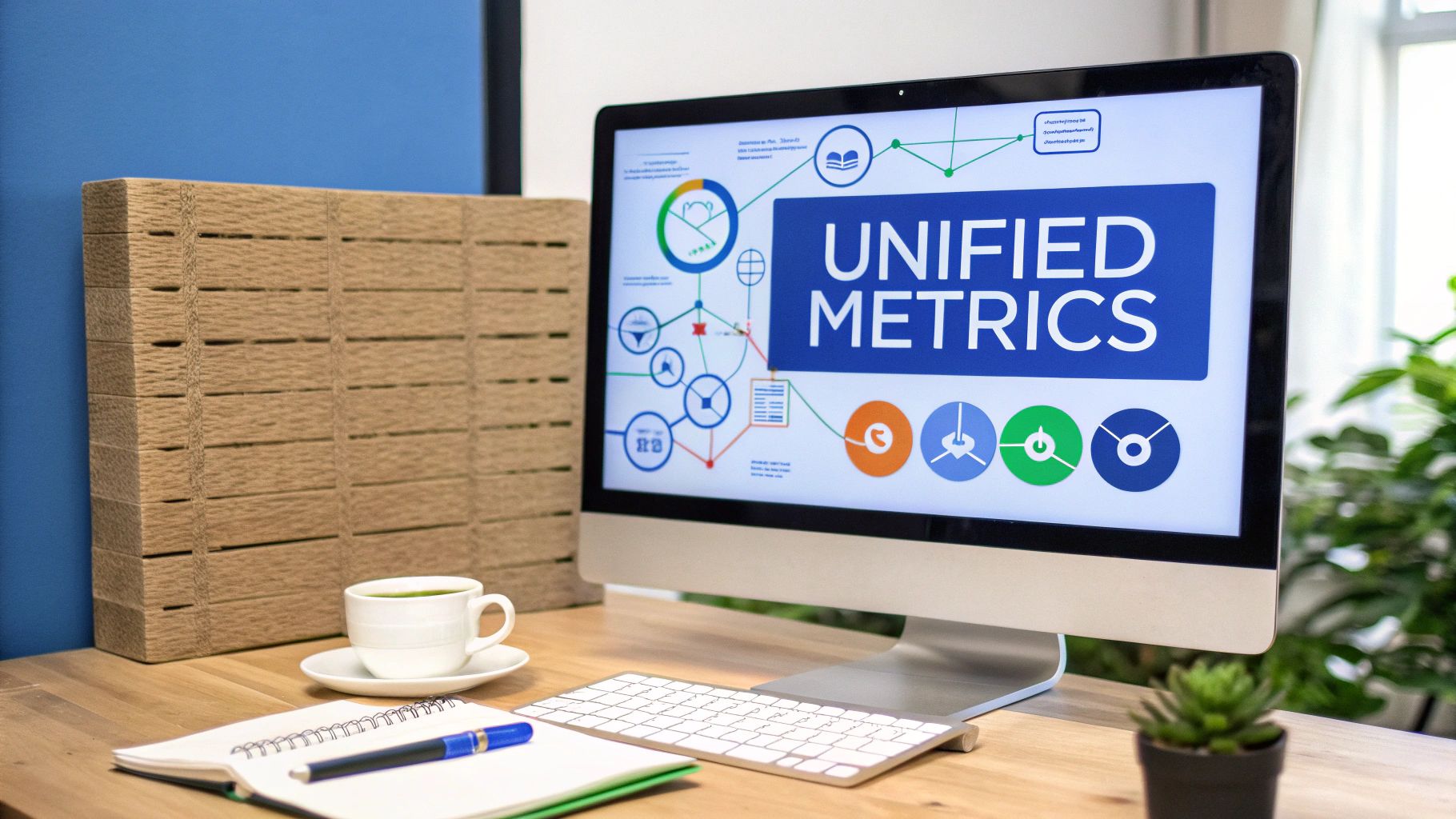 A desktop monitor displays 'Unified Metrics' with data visualization, alongside a keyboard, notebook, and coffee cup on a wooden desk.