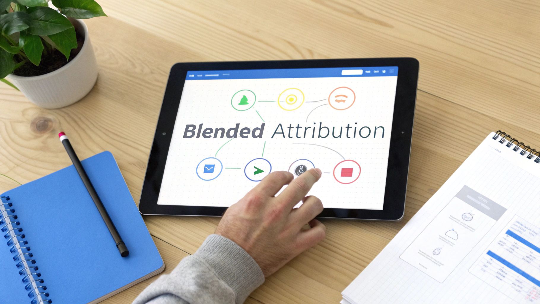 A hand interacts with a tablet displaying a Blended Attribution diagram on a wooden desk.