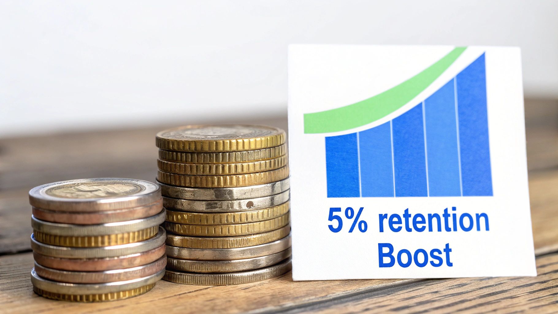 Stacks of coins next to a card displaying an upward bar graph and '5% retention Boost'.