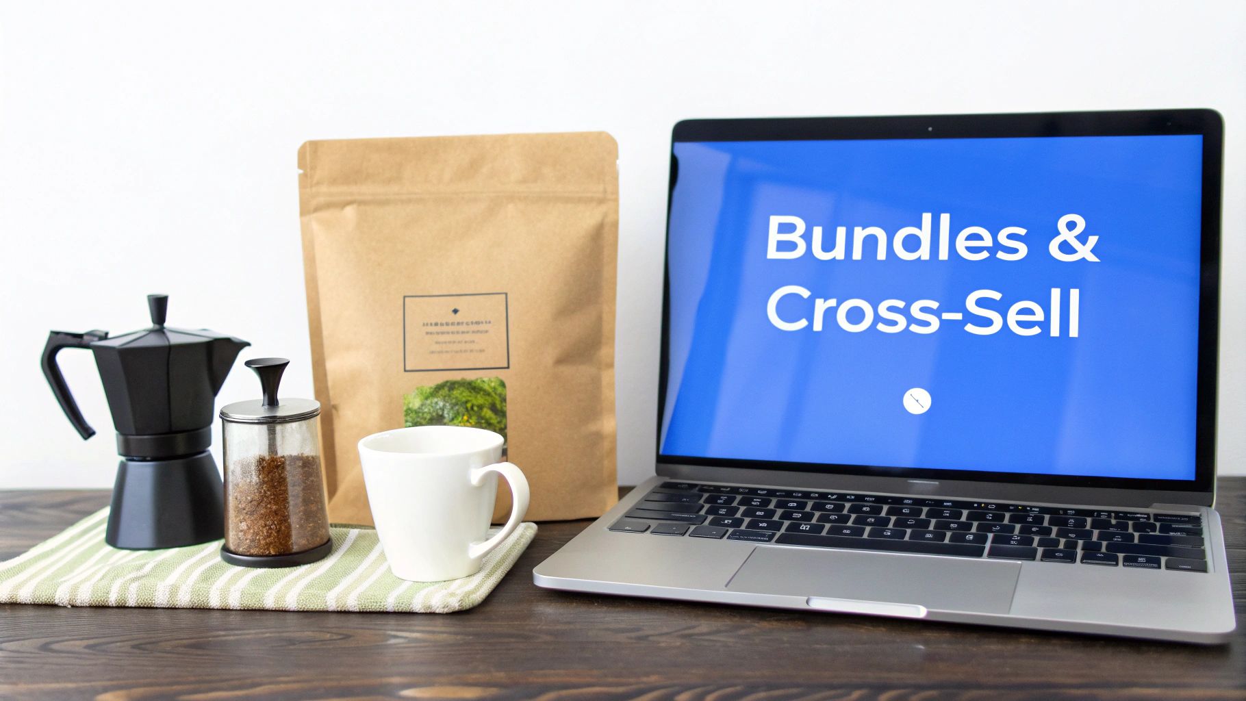 A laptop displaying 'Bundles & Cross-Sell' next to a coffee maker, ground coffee, and a mug.