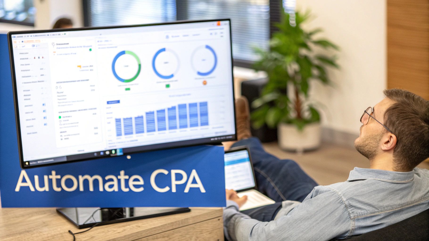 Man relaxing while viewing a business dashboard on a large monitor with an 'Automate CPA' sign.