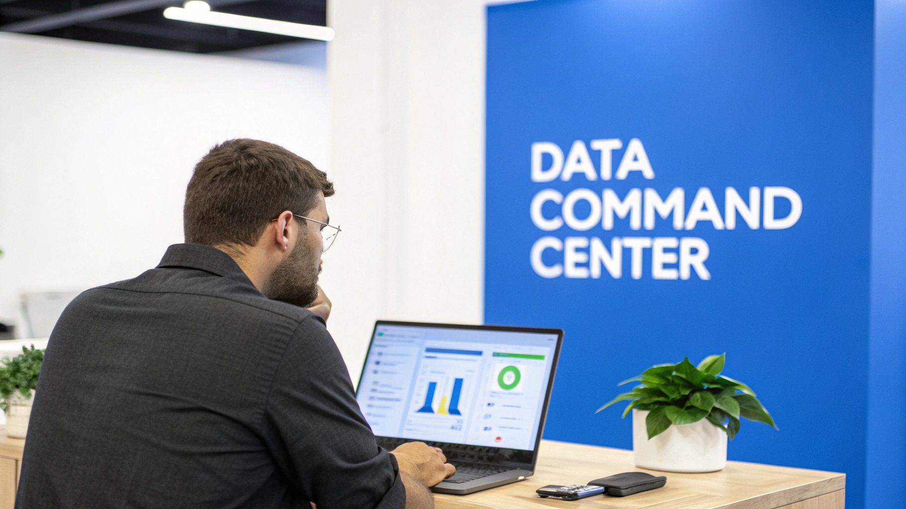 Un hombre analiza paneles de visualización de datos en una laptop en un centro de mando de datos moderno.