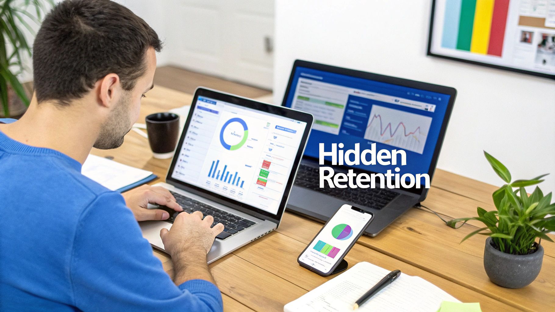 A man uses two laptops and a smartphone displaying various data analytics charts on a desk.