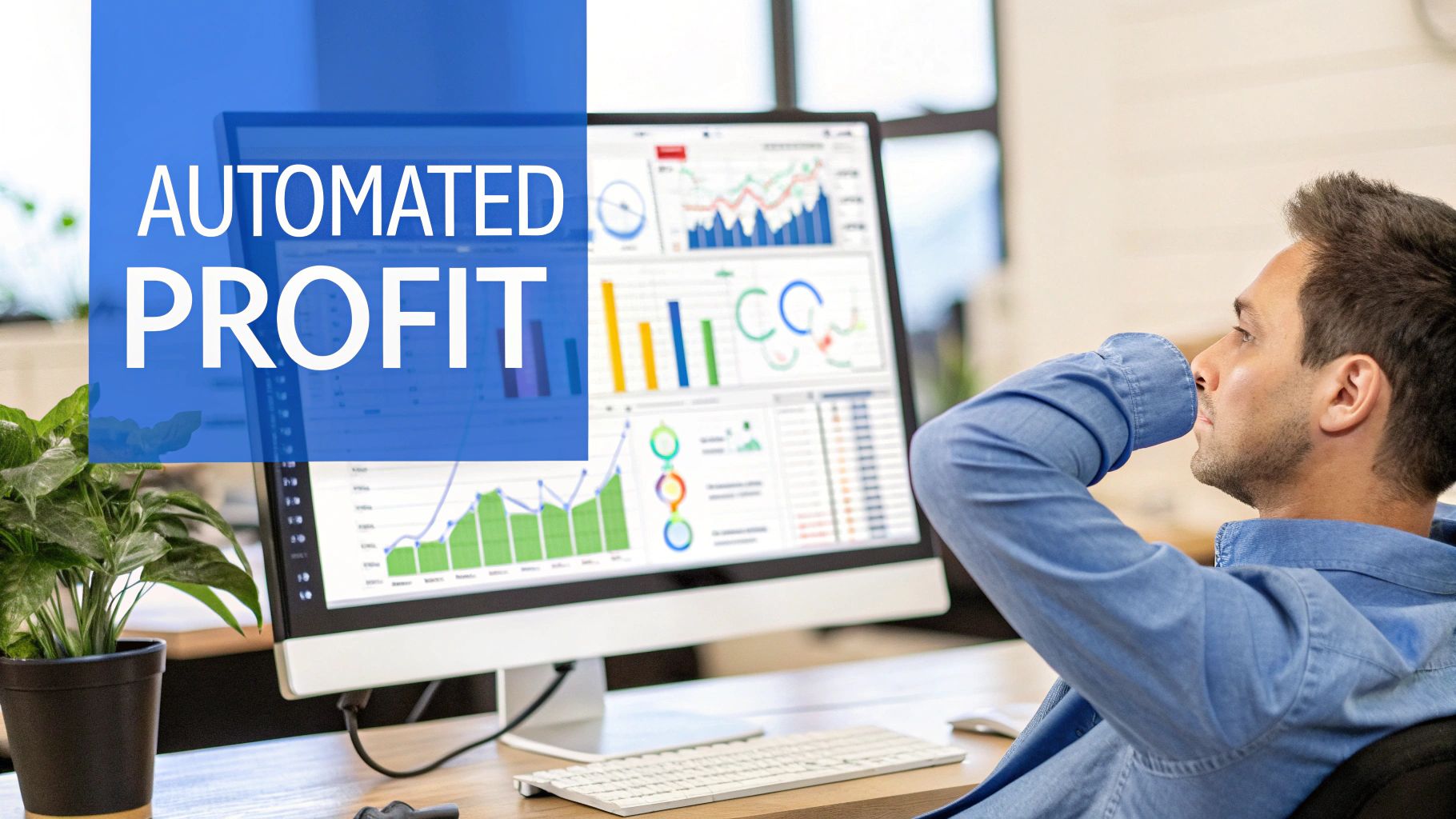 A man in a blue shirt relaxes while looking at a computer screen displaying business analytics and charts, with 'AUTOMATED PROFIT' text.