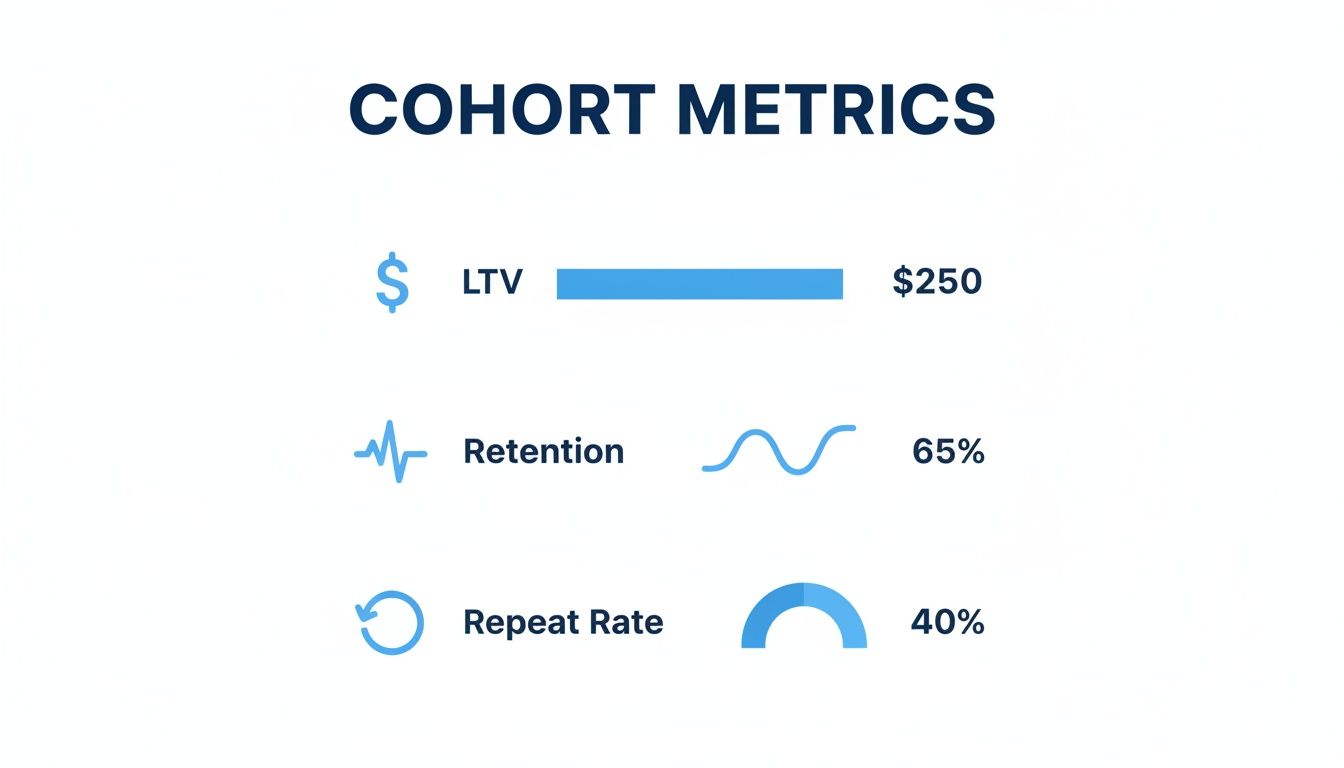 A graphic displaying key cohort metrics including LTV at $250, Retention at 65%, and Repeat Rate at 40%.