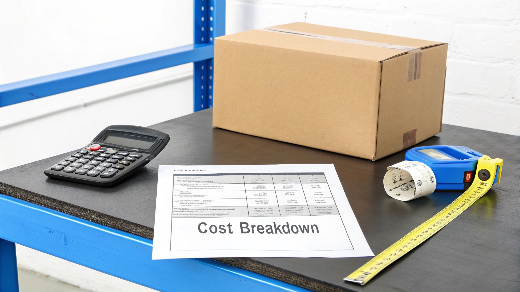 Essential tools for logistics and business calculations: a calculator, 'Cost Breakdown' document, cardboard box, and tape measure.