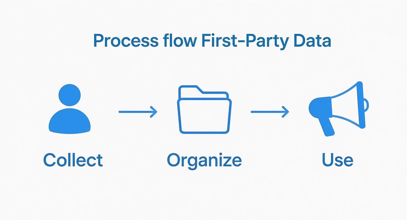 A blue diagram illustrating the process flow for first-party data: Collect, Organize, and Use.