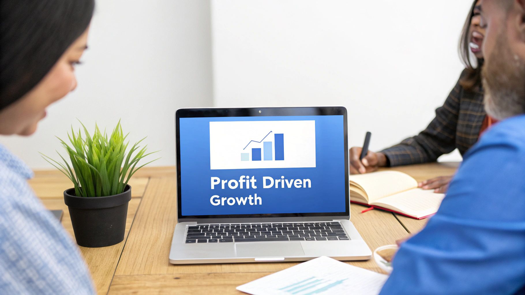 Diverse team collaborating in a meeting, laptop displaying 'Profit Driven Growth' chart.