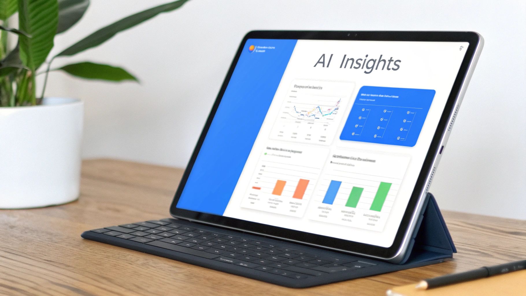 Tablet displaying AI insights dashboard with colorful data charts and analytics graphs on desk