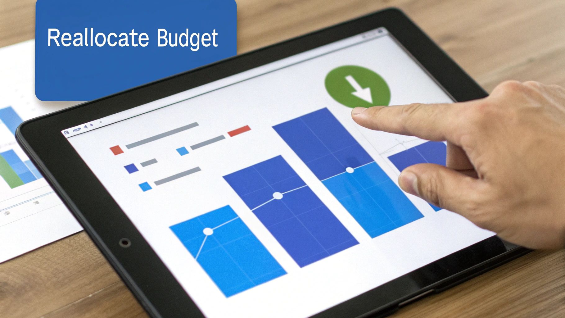 A person's hand taps a tablet screen displaying budget reallocation charts with a down arrow icon.
