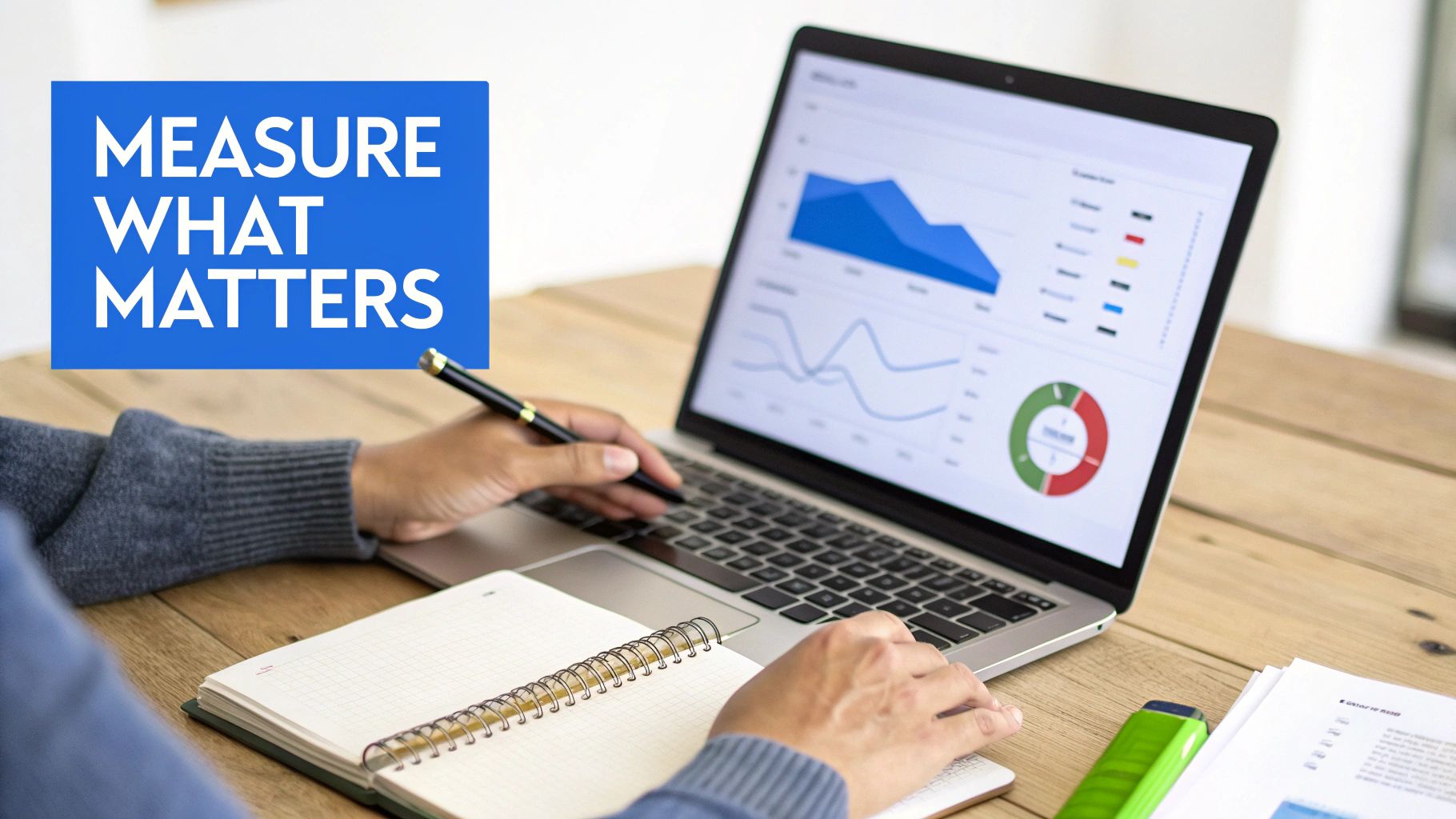A person reviewing business analytics on a laptop displaying charts and graphs, with 'MEASURE WHAT MATTERS' text.