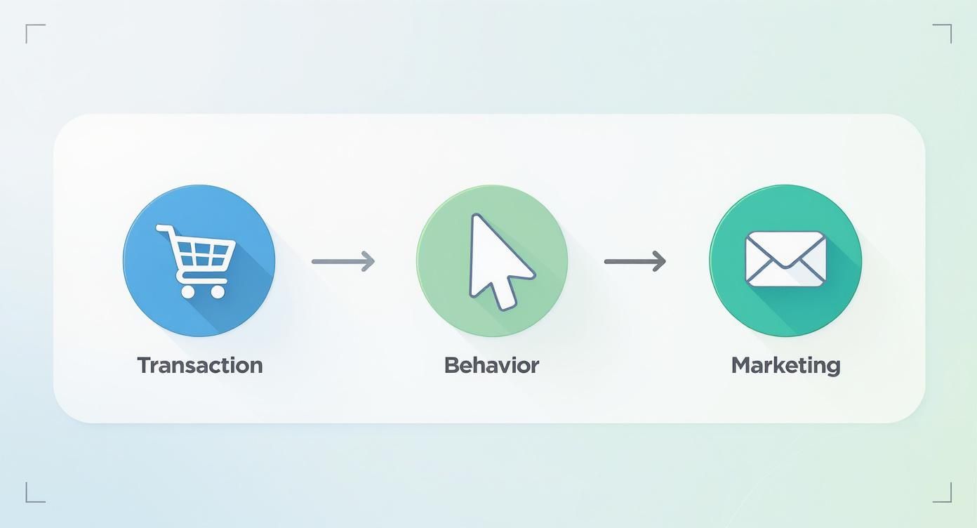 Diagram showing a process flow: Transaction (shopping cart) -> Behavior (mouse pointer) -> Marketing (envelope).