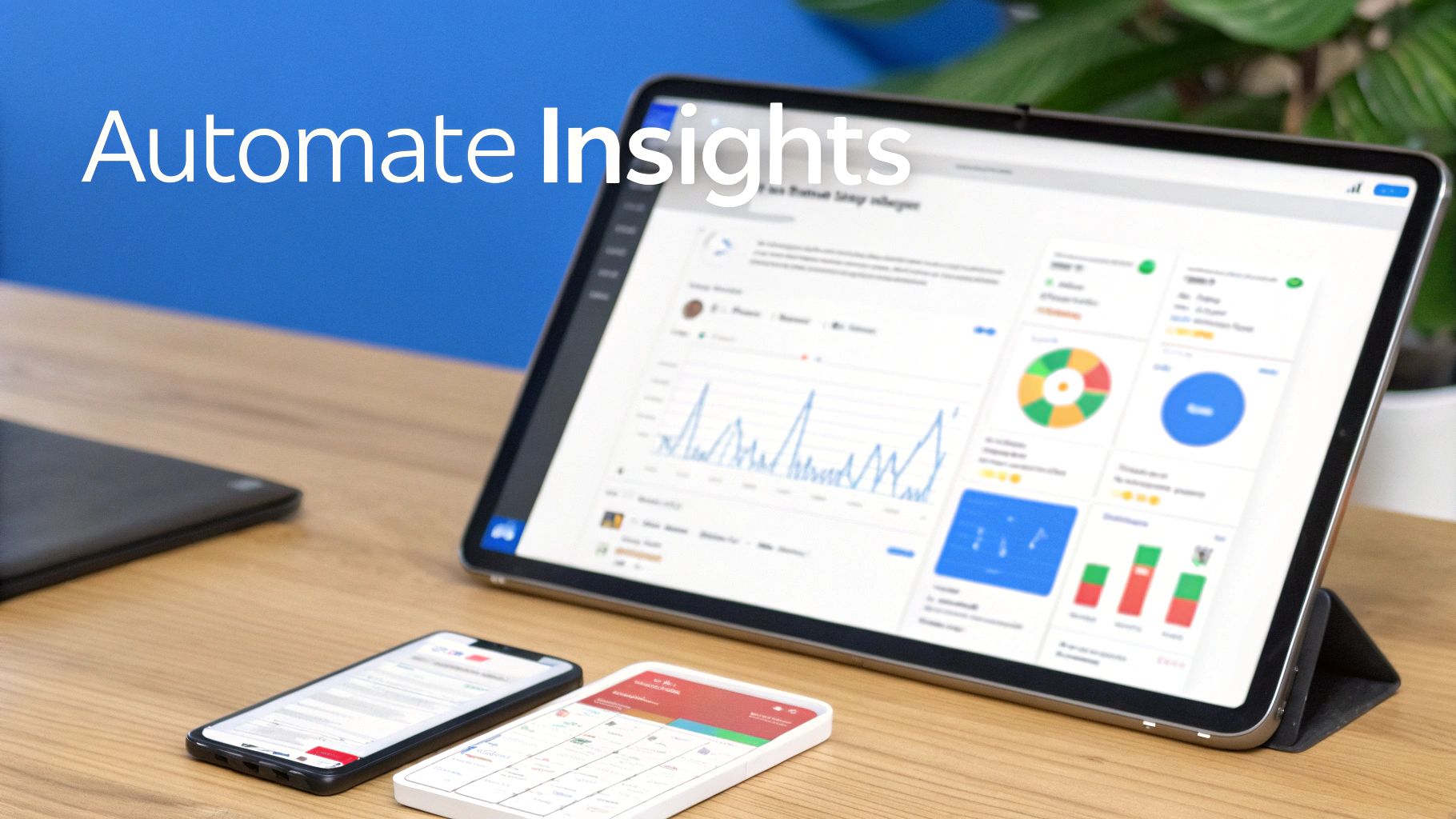 A desk with a tablet displaying data insights and charts, two smartphones, and a laptop, promoting automated insights.
