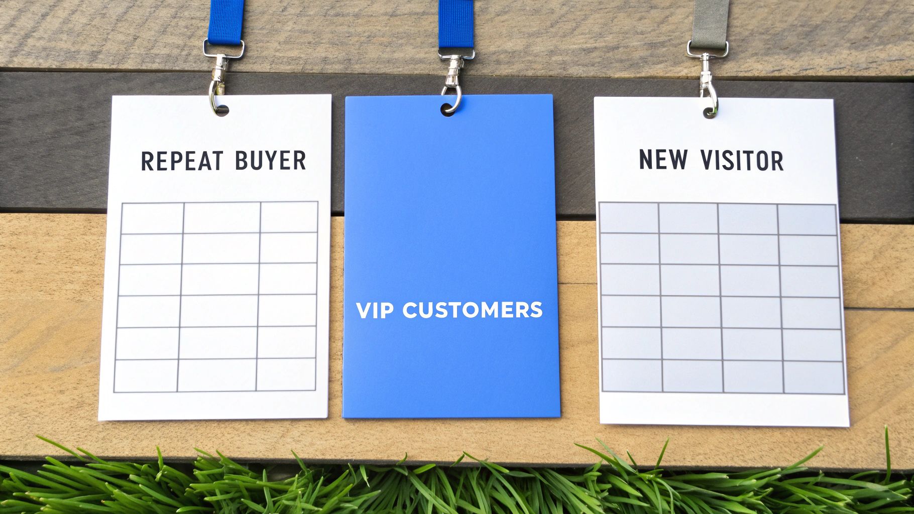 Three badges categorize customers: 'Repeat Buyer', 'VIP Customers', and 'New Visitor' on a wooden surface.