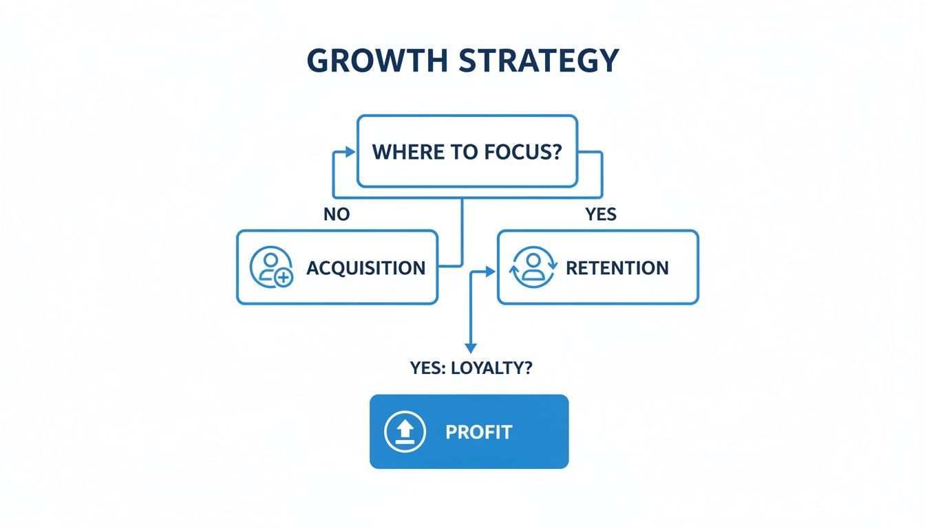A flowchart outlining a growth strategy, guiding decisions between customer acquisition and retention towards profit.