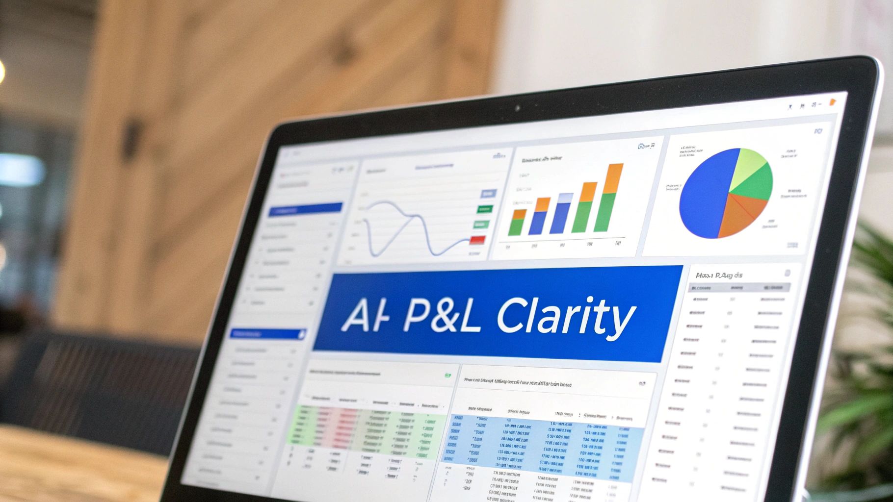 An AI-powered dashboard showing a clean, real-time P&L statement, contrasting with a background of messy, jumbled spreadsheets.