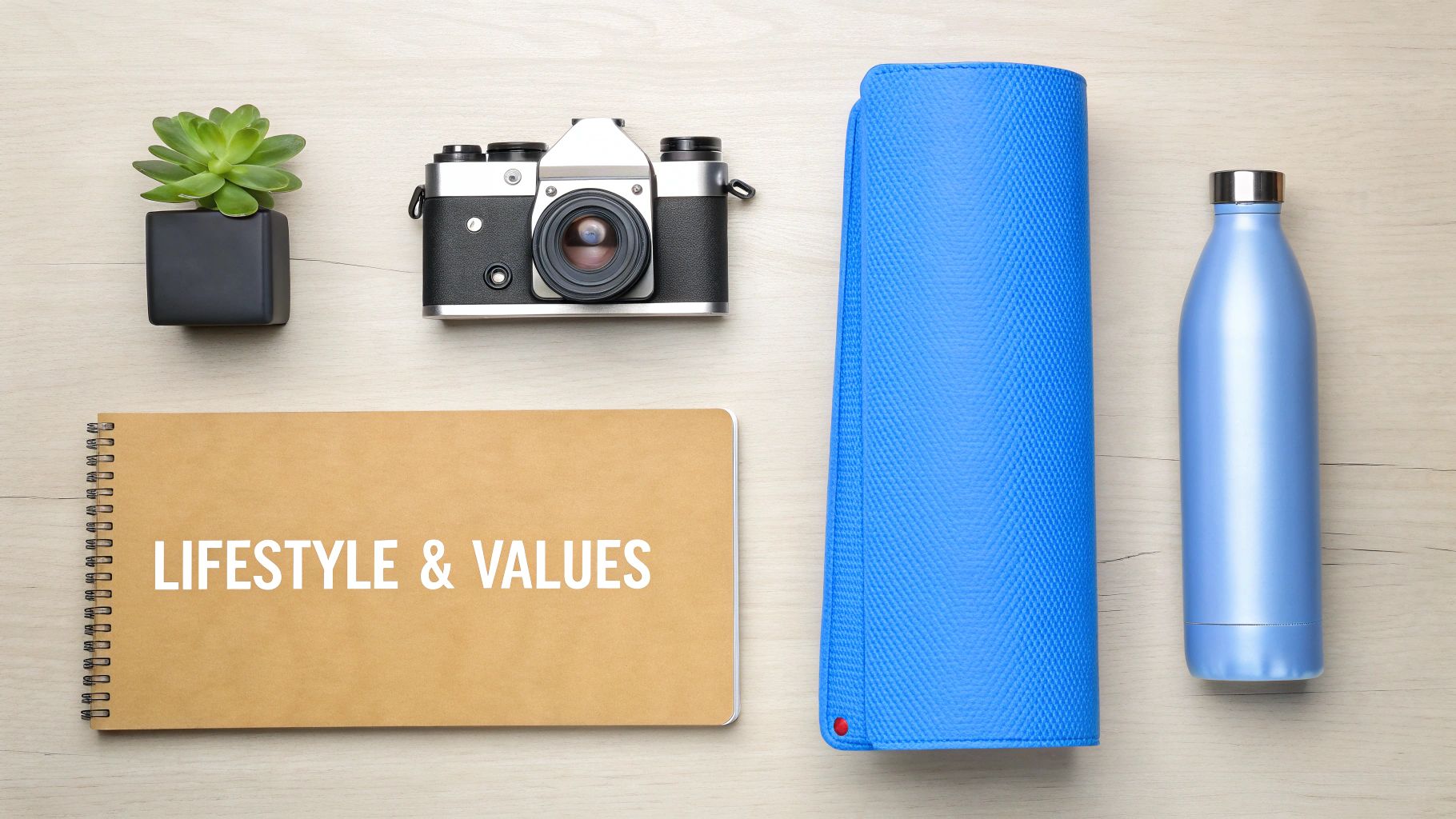 Lifestyle items including yoga mat, water bottle, camera, notebook and succulent plant flat lay