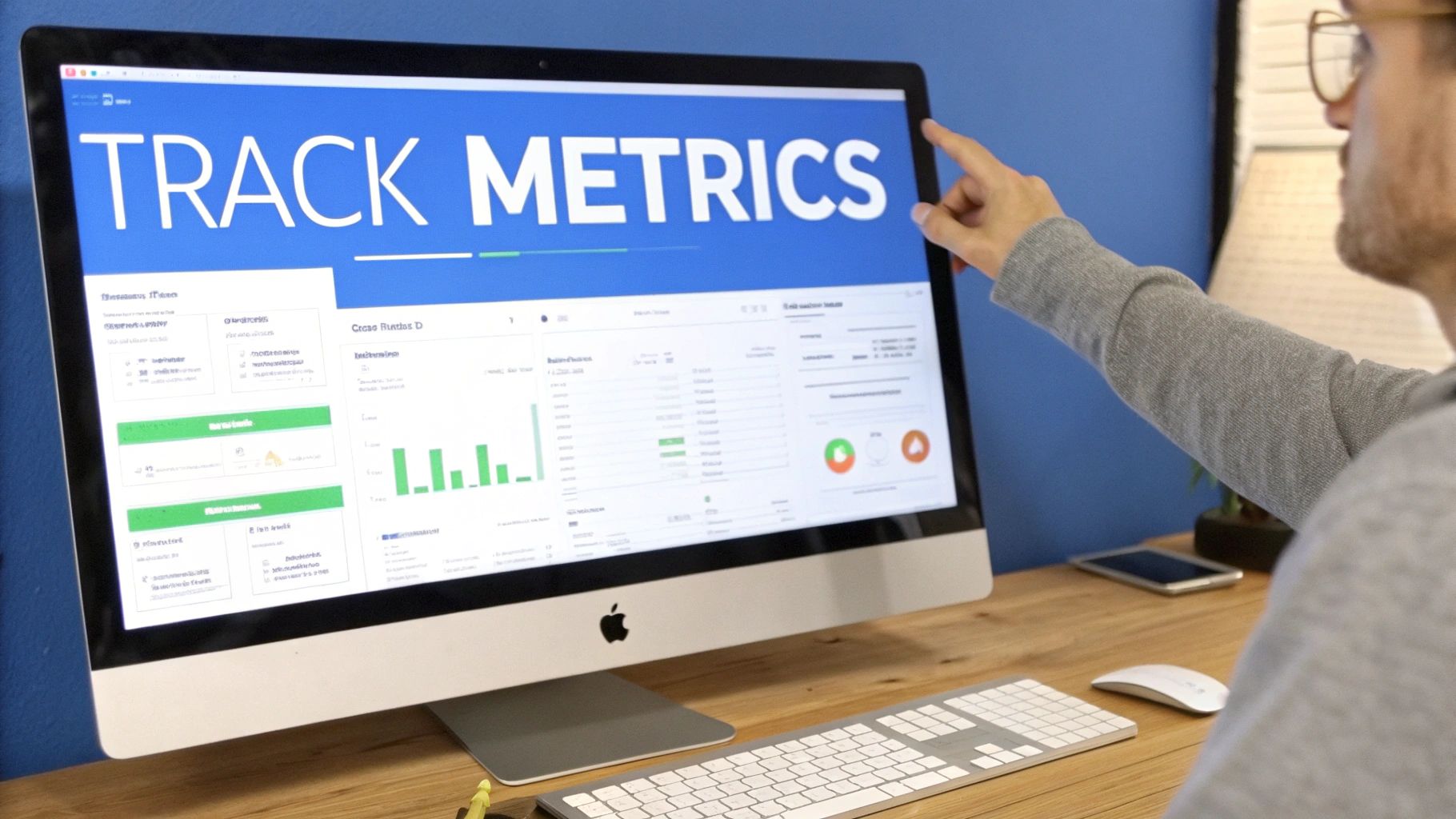 A person working on a laptop with charts and graphs on the screen, symbolizing analytics.