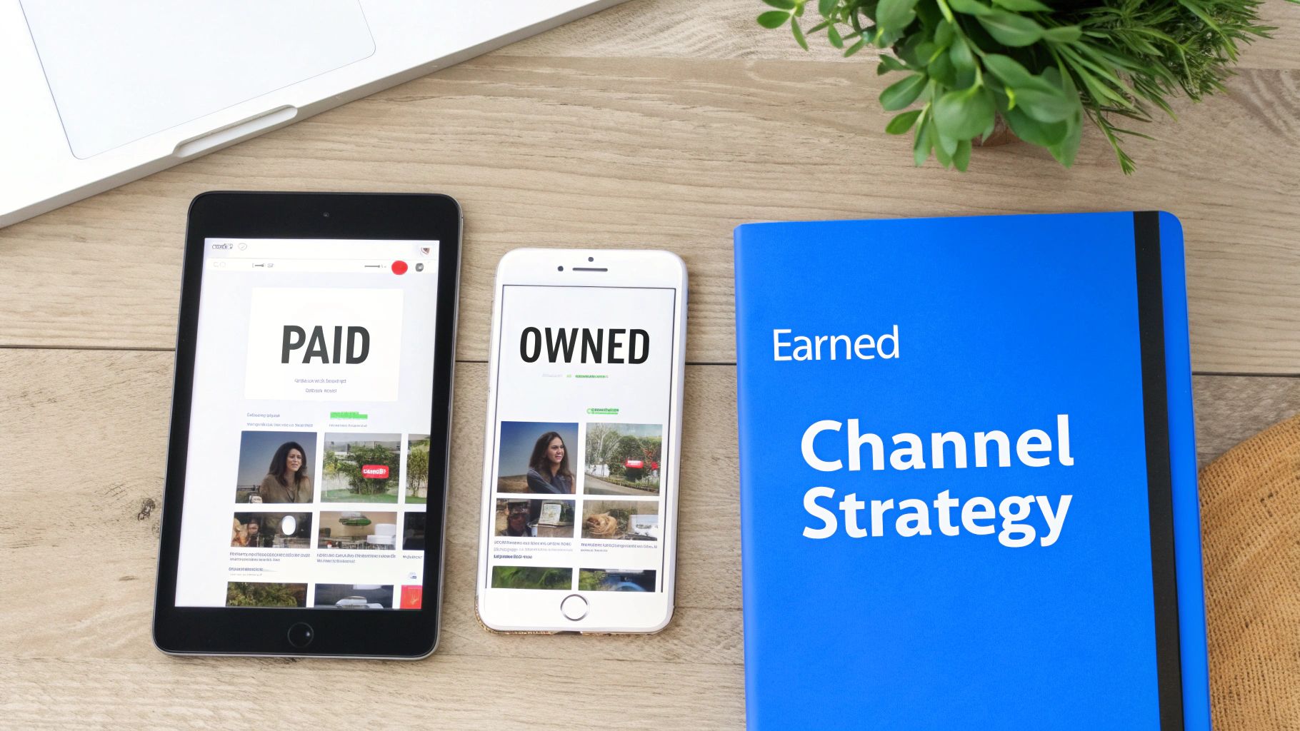 A flat lay of marketing strategy tools on a wooden desk, featuring 'Paid', 'Owned', and 'Earned Channel Strategy'.