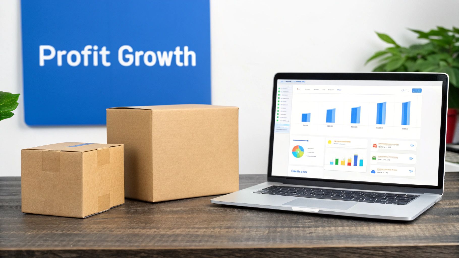 A laptop displaying profit growth charts and analytics, with two cardboard boxes on a wooden desk.
