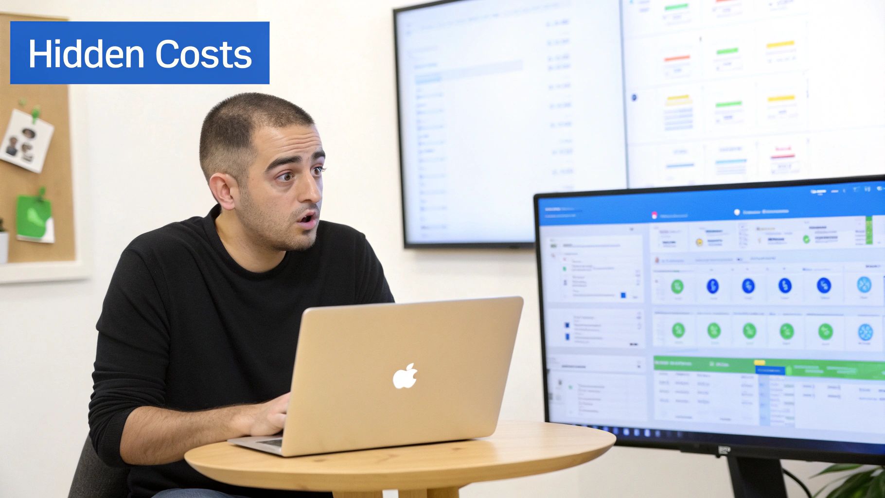 Man looking surprised at laptop with "Hidden Costs" text and data dashboards in the background.