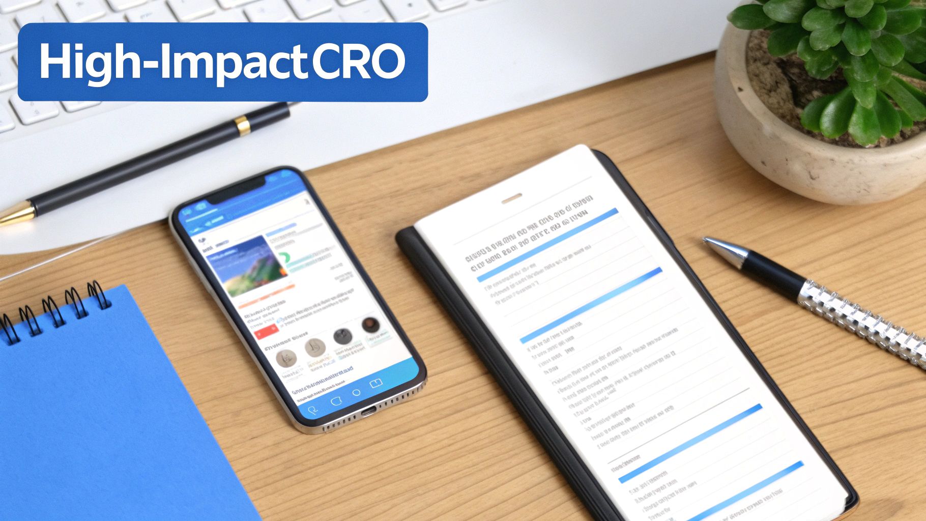 A professional desk setup with a smartphone, tablet, and pens, highlighting 'High-Impact CRO'.