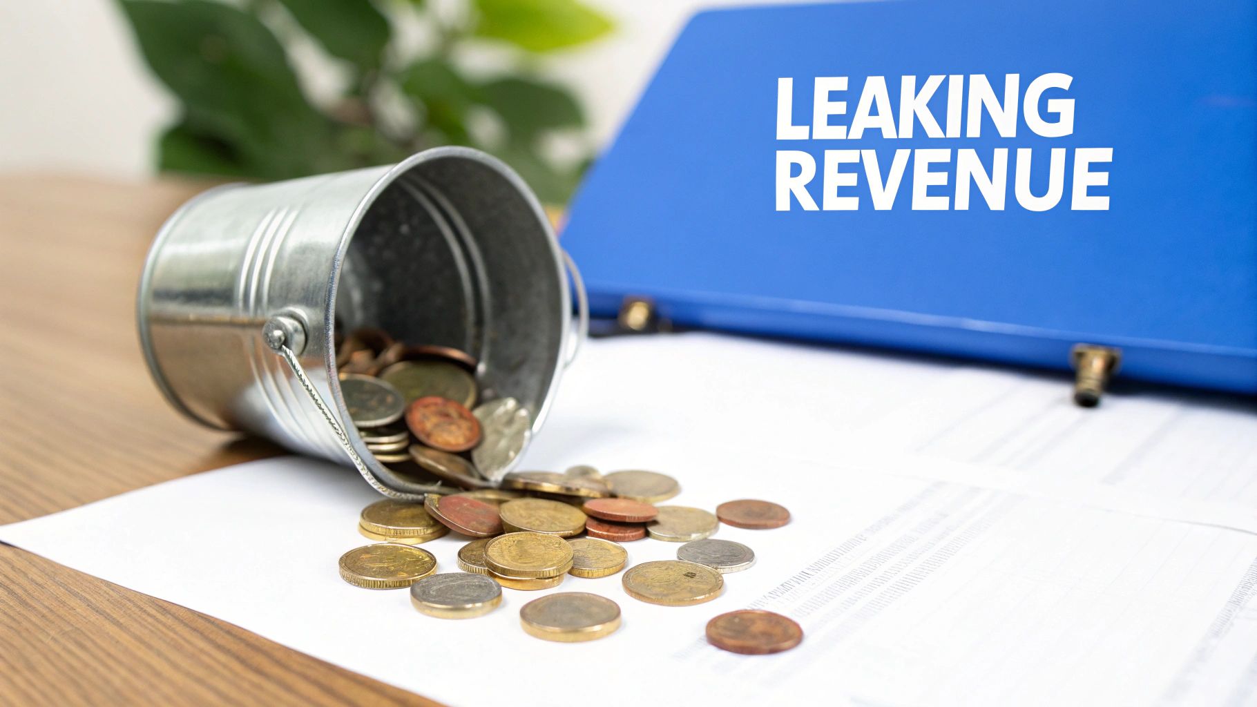 Coins spill from an overturned bucket onto papers, with a blue folder displaying 'LEAKING REVENUE'.