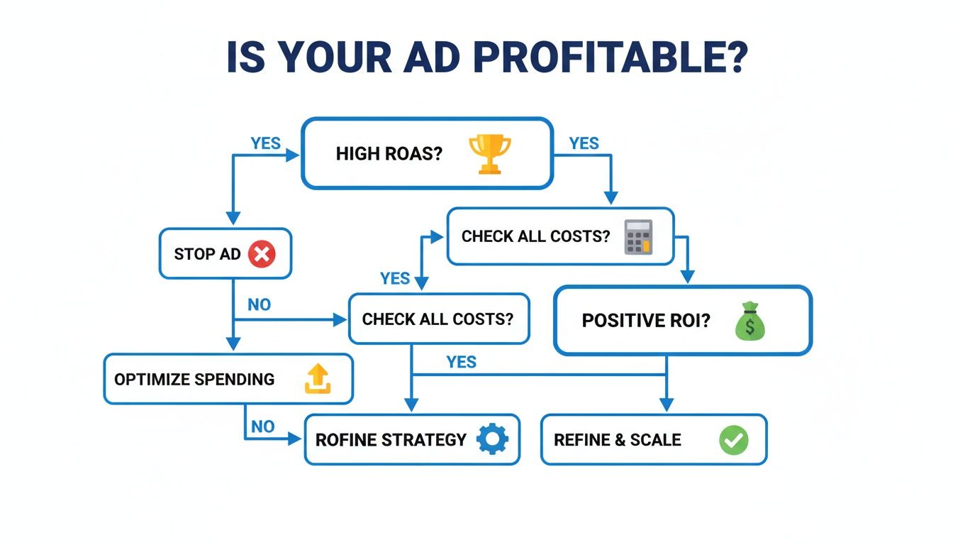 A flowchart titled 'Is Your Ad Profitable?' showing steps like 'High ROAS?', 'Check All Costs?', 'Positive ROI?', 'Optimize Spending', 'Refine Strategy', 'Refine & Scale', and 'Stop Ad'.
