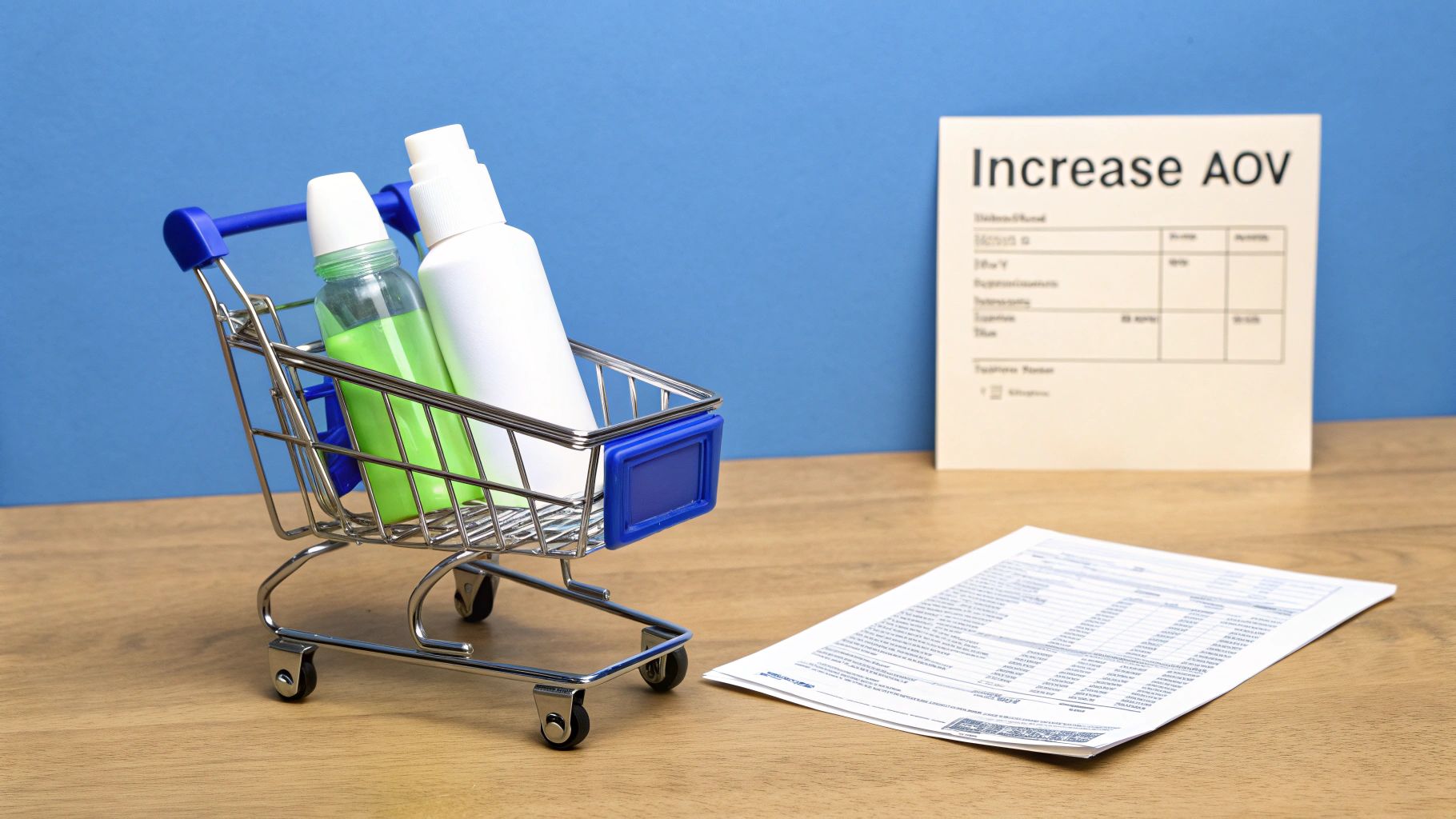 Miniature shopping cart with products, and documents on a desk, one titled 'Increase AOV'.