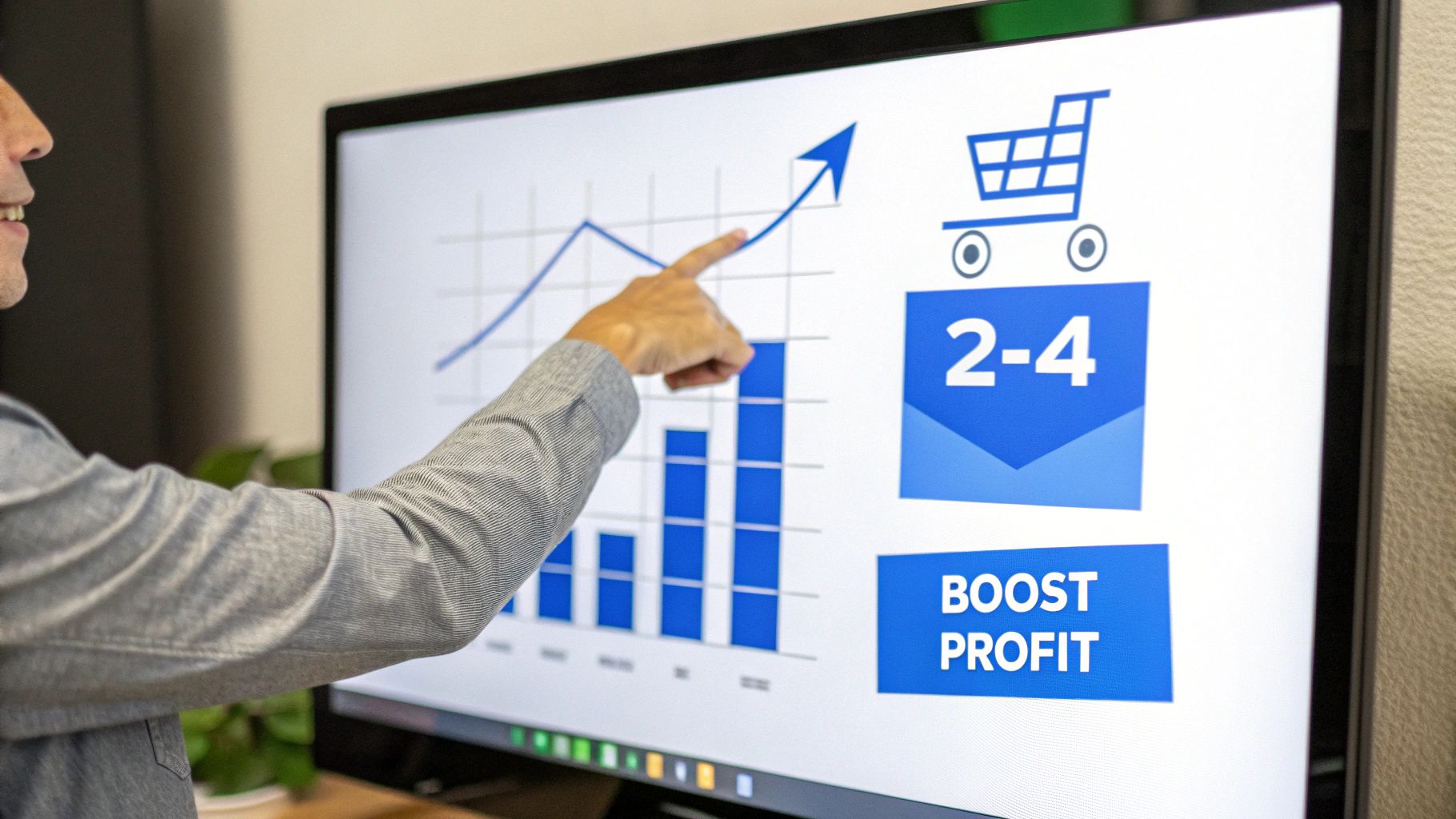 Person pointing at a computer screen displaying business growth charts and "BOOST PROFIT."