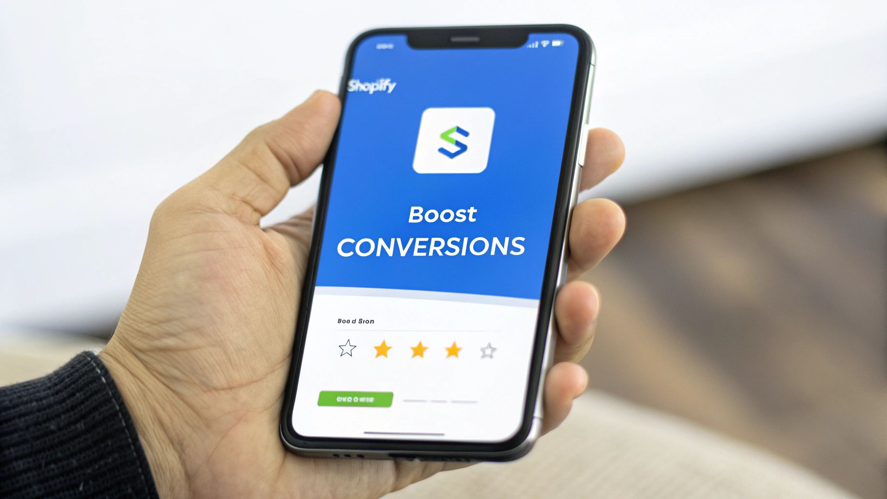 A hand holds a smartphone displaying a Shopify app screen with 'Boost CONVERSIONS' text and a 3-star rating.